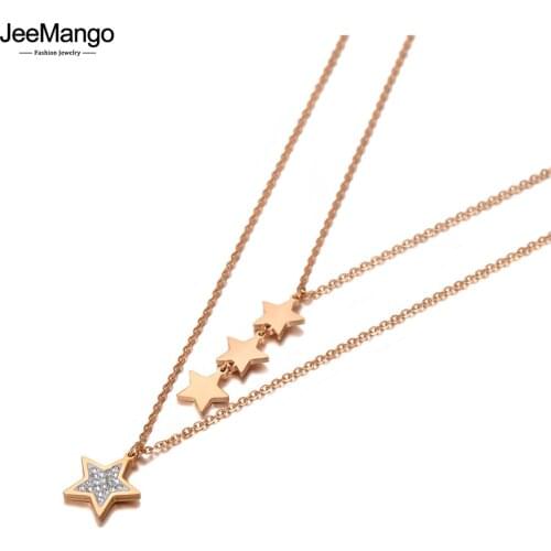 JeeMango Bohemia Double Layer CZ Crystal Star Charm Pendant Necklaces For Women Stainless Steel Summer Choker Necklace JN20163