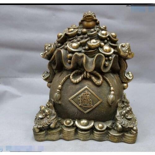Zhmui88006060++11" China brass carved Feng Shui lucky Toad Yuan bao moneybag sculpture StatueStatue
