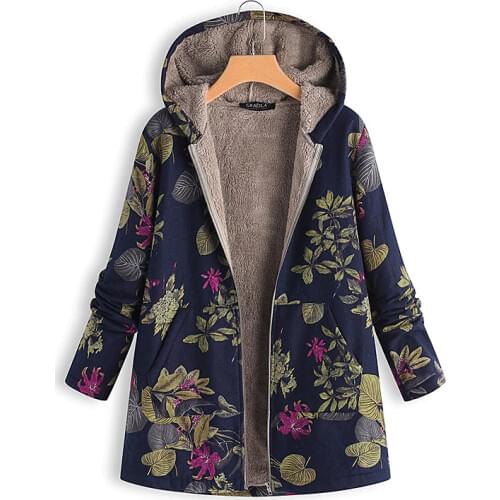 Printed Hooded Winter Womens Jacket cotton and linen vintage slim sweatshirt large size medium long warm velet coat female