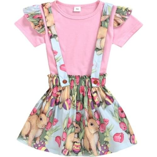 2021 Summer Toddler Kid Baby Girls Clothes Set 2pcs Short Sleeve Tops Shirt+Easter print Overall Bib Skirt Outfits Set