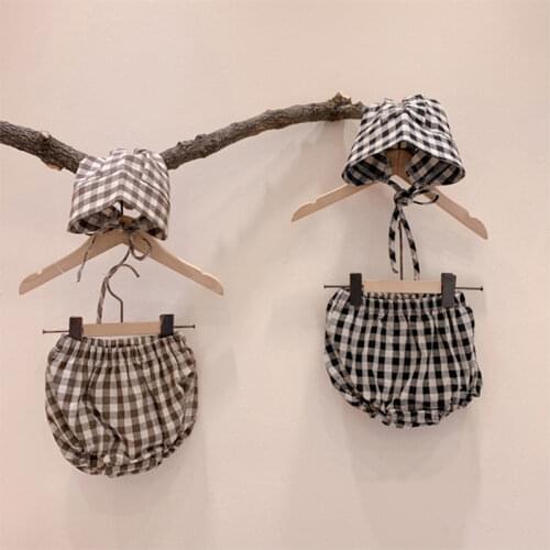 7656 Newborn Baby Clothes 2021 Summer Korean Baby Boy Suit Plaid Bread Pants +Hat Baby Girl Pp Pants Toddler Kids Summer Outfit