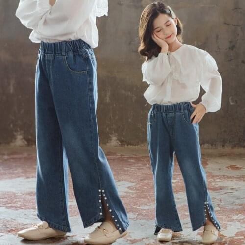 Pearls Jeans for Girls Spring Boot Cut Pants Solid Kids Clothing Teenager Girls Wide Leg Jeans For Girls 4 6 8 9 12 14 Years