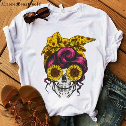 Sunflower Skull Bandana T-shirt 2020 Summer Women Fashion T shirt Casual Short Sleeve Funny Clothes Gift For Lady Young Girl Tee