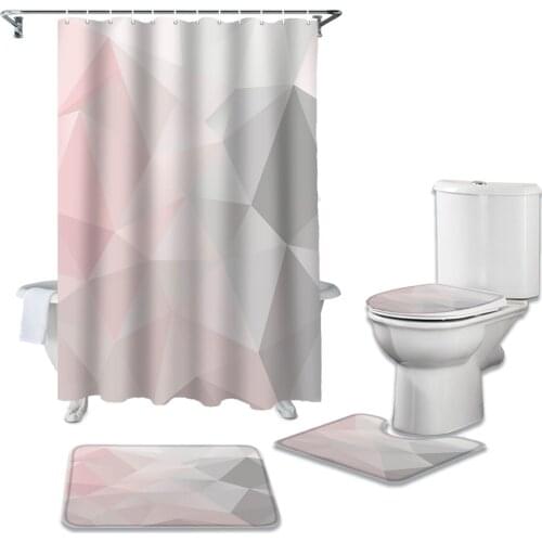 Geometric Pink Gray Gradient Triangle Durable Waterproof Shower Curtain Set Bathroom Rugs Carpet Toilet Seat Cover Pad Floor Mat