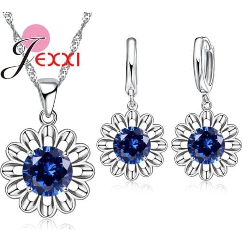 Geometric 925 Sterling Silver Fashion Jewelry Set Beautiful Crystal Stone Sun Flower Pendant Necklace Earrings Party Accessories