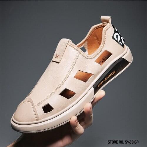 2021 New Arrival Men‘s Summer Breathable Hole Pu Leather Board Casual Shoes Flats Sports Walking Sneakers Zapatos Hombre