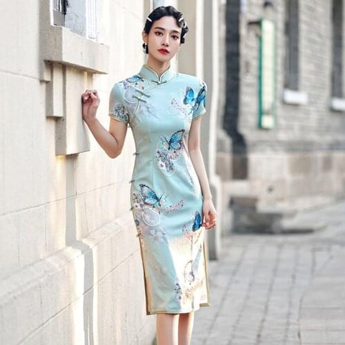 Summer Dress Chiffon 2021 Robe Vintage Chinese Style Dresses Elegant Slim Womens Clothing Landscape painting cheongsam qipao