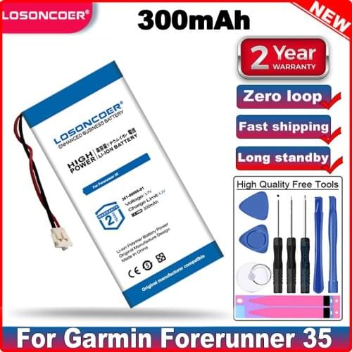 LOSONCOER 300mAh New Battery For Garmin Forerunner 35 361-00086-01 Accumulator 3.7V Replacement Batterie 2-wire Plug+tools