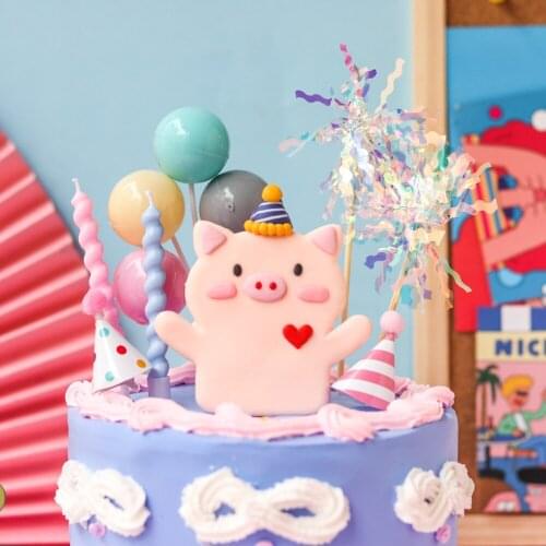 Baby Birthday Decoration Cartoon Love Pink Piggy Soft Pottery Rain Silk Candle Insert Card baking Accessories Cake Decorating