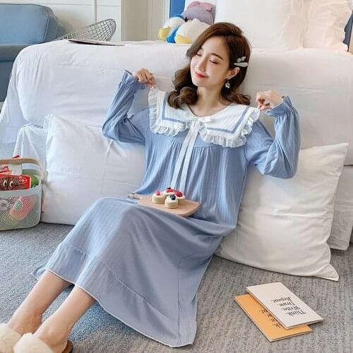 Pink Cotton Autumn New Nightgown Young Lady Ruffles Sleepwear Sweet Lace Bow Trim Home Dress Lounge Nightwear Long Nightdress