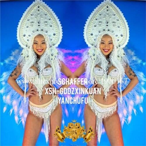 New Design Christmas Women Stage Performance Angel Costumes White Peacock Headdress Feathers Big Wings Party Event Bikini Suit
