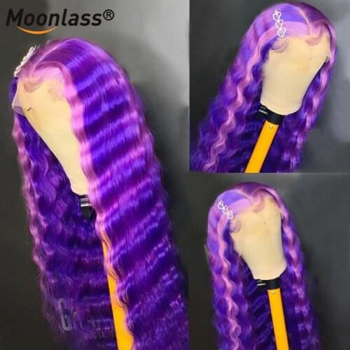 Purple Orange Deep Wave Frontal Wig Highlight Human Hair Wig Brazilian Hair Plucked Transparent 180 Density Lace Front Human Wig