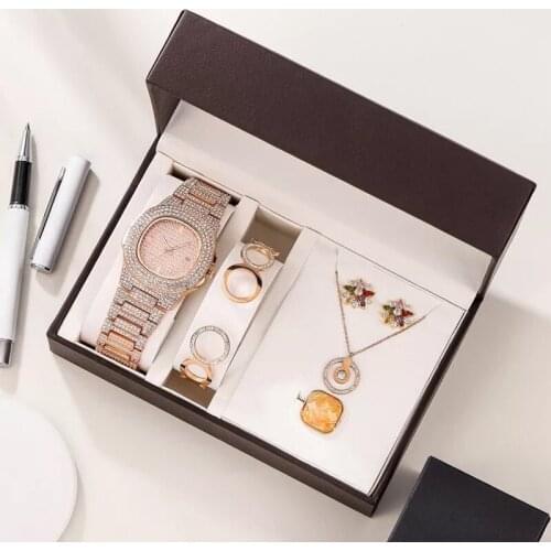 Luxury Women Rose Gold Watch Necklace Pendant Bracelet Ring Earrings Combo Sets Fashion jewelry set Gift For Women Hip Hop Style