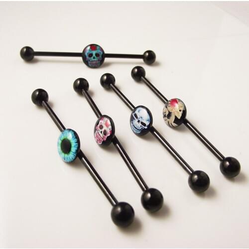 Black Stainless steel Head Skull Eye Industrial Barbell Ear Tragus Cartilage Helix Earring Stud Piercing Body Jewelry