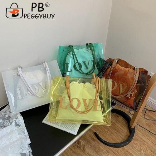 2pcs Fashion Women Composite Bags Transparent Handbags Canvas Drawstring Pouch Summer Girl Daily Underarm Bag Purses