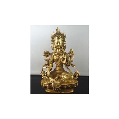 Tibetan Buddhism Copper Green Tara God Godness Kwan-yin Buddha Statue sculpture home decoration 21cm