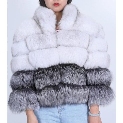 Vogue New Real Fur Coat Winter Jacket Women Natural Fox Fur Outerwear White Silver Patchwork Outerwear Streetwear Stand Collar