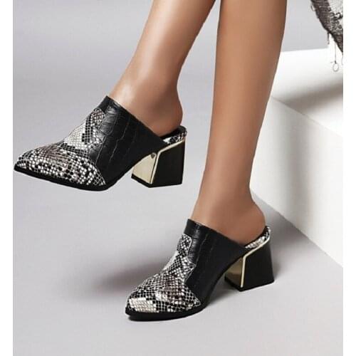 Women Snake Leather Flip Flops Thick Heel Western Slippers Sandalia Feminina New 2021 Pointed Toe Summer Mules Slippers Shoes 43