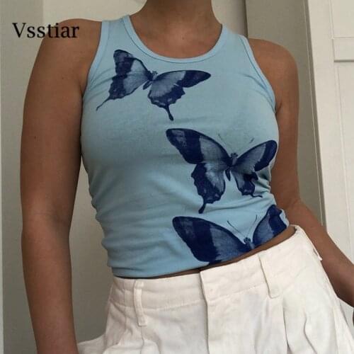 Vsstiar Butterfly Print Crop Summer Sleeveless Sheath Tops New Fashion Animal Round Neck Casual Tank Tops Basic Women Clothes