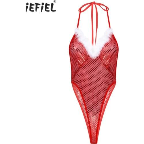Red Women Shiny Sequins Feather Trim Open Back Halter Neck Bodysuit Christmas Fancy Santa Lingerie Party Bodysuit Xmas Costumes