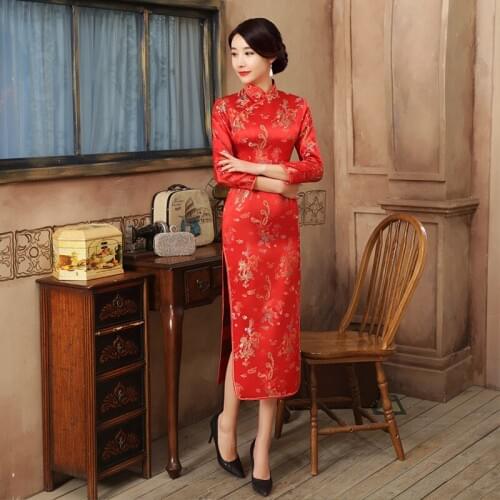 Women Long Cheongsam Slim Vintage 3/4 Sleeve Dress Dragon Tang Suit Long Dresses