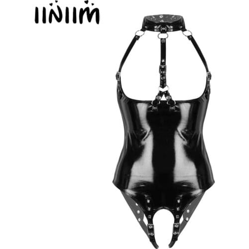 Womens Exotic Bodysuit Open Crotch Sissy Latex Costume Wetlook Patent Leather Lingerie Halter Neck Bare Breast Crotchless Buckle