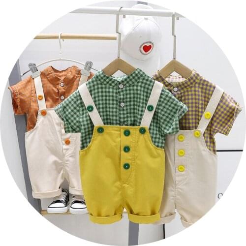 2020 Summer Toddler Newborn Boys Plaid Style Clothes Set Denim Outfit Baby Kids Fashion Short-sleeved Sport Casual Wearing Suits