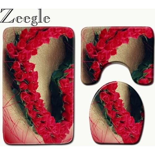 Zeegle Heart Pattern Bath Mats Bathroom Rug Set 3pcs Bathroom Carpet Absorbent Toilet Mat Bath Rugs Non-slip Shower Mat
