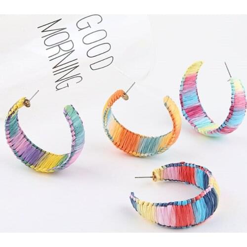4pcs Korea Simple Big C-type Earrings for Women Multicolor Color Rattan Weave Gradient Rainbow stud Earrings Diy Accessories
