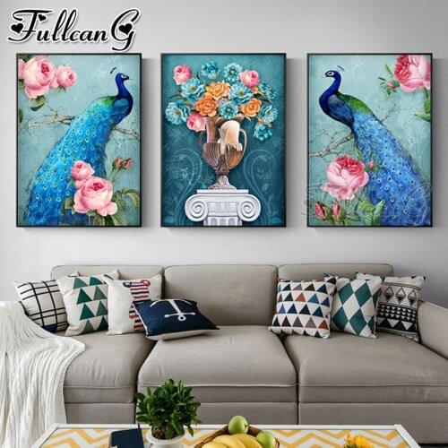 FULLCANG 5d diy diamond embroidery sale blue peacocks flower diamond painting triptych full square round drill decoration FC2529