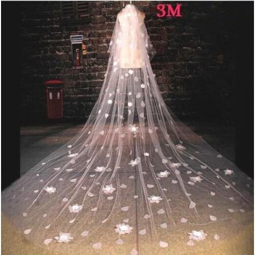 Lace Appliques White Ivory Two Layers Cathedral 3M Long Crystals Floral Bridal Wedding Veil With Comb