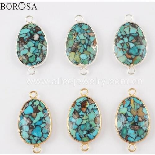 BOROSA 5PCS Gold/Silver Color Copper Natural Turquoises Faceted Connector Double Charms with Black Metal Line Jewelry G1716