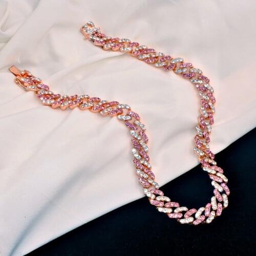 Fashion 12mm Iced Out Cuban Miamia Necklace Bracelet Chain Hip Hop Choker Rose Gold Color Rhinestone Link Women Jewelry Gifts