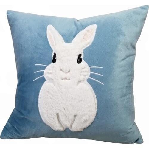 Luxury Cartoon White Rabbit Blue Velvet Decorative Pillow Case Sofa Chair Children Boy Gift Cushion Cover 45x45cm 1pc/lot