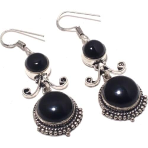 Black Onyx, Silver Overlay on Copper Earrings ,60 mm , E3940