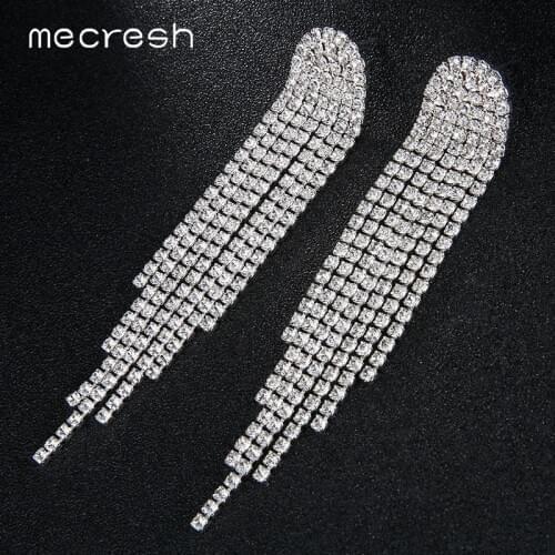 Mecresh Classic Rhinestone Wedding Drop Earrings for Brides Silver Color Bridal Long Tassel Hanging Earrings Jewelry MEH1423