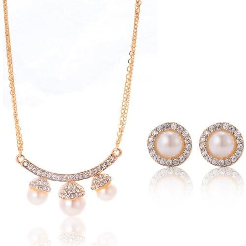 Vintage Simulated Pearl Jewelry Sets For Women Wedding Bridal Crystal Necklace Earrings Gold Silver Color African Set