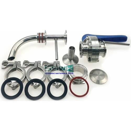 Racking Port Kit- Racking Elbow Arm,1.5" Tri Clamp,EPDM Gaskets,Butterfly Valve,Hose Barb Pipe,Weldless Bulkhead,End Cap,O-Rings