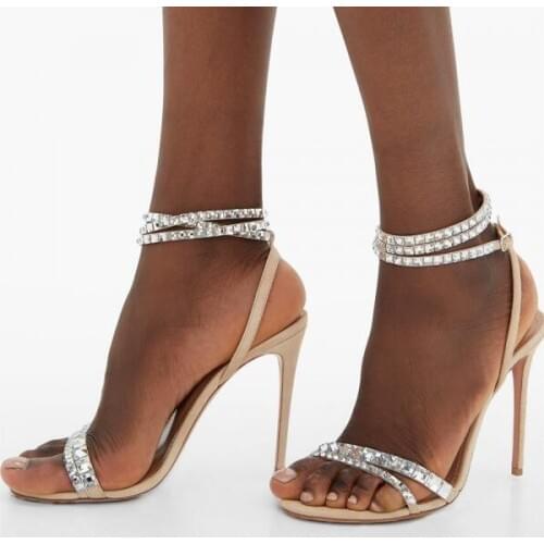 Moraima Snc Khaki Suede Rhinestone Ankle Strap Heels Sandals Summer Open Toe Thin Heels Woman Shoes Crystal Wedding Heels