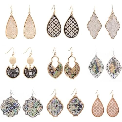 New Retro Mix Color Geometric Mother Pearl Shell Abalone Flower Filigree Drop Earrings for Women