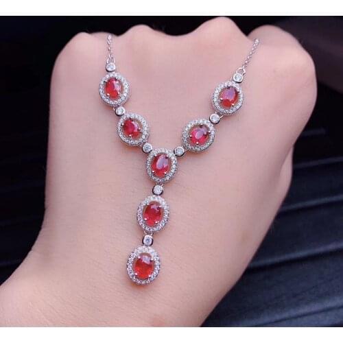 Wholesale 925 Sterling Silver Natural Red Sapphire Pendant 7 Stones Necklace for Women,4*5mm Gemstone FN700