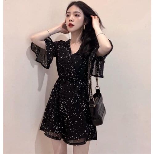 Plus Size Dresses Chiffon Star V-Veck High Waist Wide Leg Shorts Dress Jumpsuit Half Sleeve Cool Comfortable Party Casual
