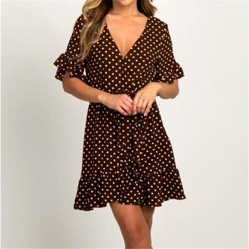 2021 Summer Chiffon Dress Boho Style Beach Dress Fashion Short Sleeve V-Neck Polka Dot A-Line Party Dress Sundress Vestidos