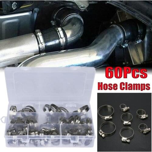 60Pcs/Set 10-16mm Stainless Steel Hose Clamps + Box Spring Fuel Oil Water Hose Clip Pipe Tube Band Clamp Fastener Assortment Kit