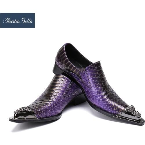 Christia Bella Men Dress Shoes Luxury Brand Slip On Wedding Shoes with Metal Pointed Toe Men Snake Pattern Chaussure Homme