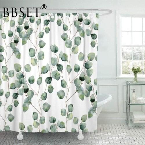 Green Leaves Shower Curtain Watercolor Floral Eucalyptus Round Leaves Pattern Waterproof Multi-size Douchegordijn Bathroom Decor