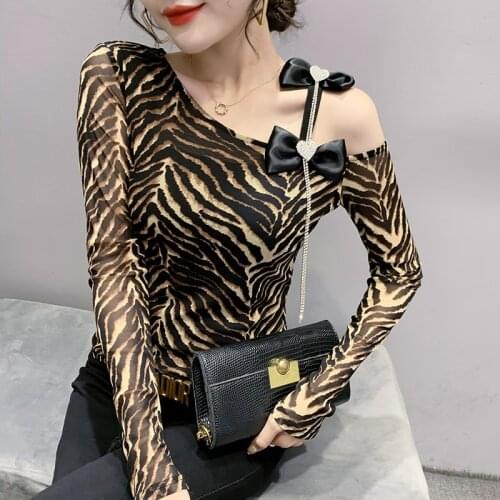 New 2021 Autumn Long Sleeve Womens T-Shirt Sexy Off The Shoulder Leopard Mesh Tops M-3XL Plus Size Women Clothing