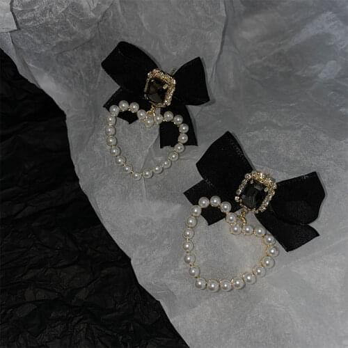 Vintage Elegant Heart Simulated Pearl Drop Earrings Female for Women Trendy Black Bowknot Earrings Boucle D'oreille Brincos