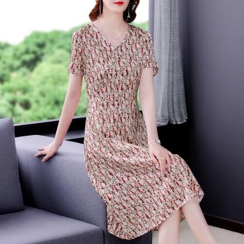 2021 Casual 4XL Plus Size Print Satin Midi Dress Vintage Mulberry Silk Beach Dresses Summer Women Elegant Bodycon Party Vestidos