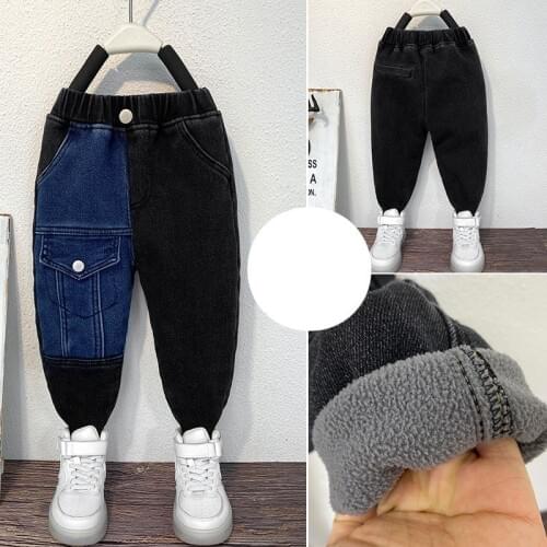 Winter Pants For Boys Korean Stitching Kids Plus Velvet Warm Jeans Fashion Casual High Quality Denim Pants For Boy Baby Trousers